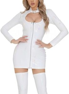 AIEOE Latex Dress for Women Sexy Women Leather Bodysuit Shiny Bodycon Leotard Jumpsuit for Club Party Cosplay L White