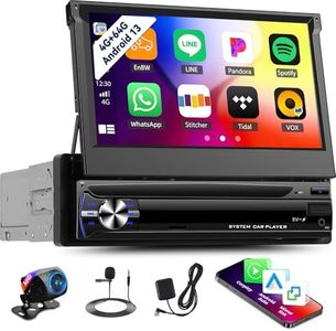 Autoradio 1 DIN Android 13 4+64G - Écran IPS rétractable 7" avec CarPlay sans Fil et Android Auto - Autoradio Simple DIN avec EQ BT GPS WiFi FM/RDS Mirrorlink SWC Caméra de recul