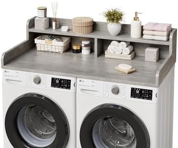 GarveeHome 54" Washer Dryer Countertop with 2-Tier Shelf & 2 Drawers， Wooden Laundry Countertop with Non-Slip Pad and Guard Rails Washer and Dryer Topper for Laundry Room Organization and Storage