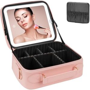 iFalarila Makeup Bag with LED Mirror, [3 Color and Stepless Dimmable] Rechargeable LED Light for Makeup Bag Train Case with Brushes Storage Organizer, Travel Box Cosmetic Bag for Women - Pink