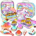 Tea Party Set for Little Girls, Unicorn Tea Set Toys for Girls Age 3 4 5 6 Year Old, Toddler Kids Kitchen Pretend Play Toys with Tin Tea Set, Cake Stand, for Girls Boys