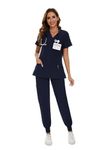 COZYFIT Scrubs for Women Set - Stretch V-Neck Scrub Top & Jogger Pant with 10 Pockets, Yoga Waistband, Anti Wrinkle, Slim Fit Women Scrubs - Navy Blue, M