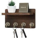 Nekon Key Holder Wall Mount, 8.5 Inch Small Home Decor Wooden Wall Organizer with 4 Hooks and Shelf, Wall Decor for Living Room Entryway Kitchen (Brown)