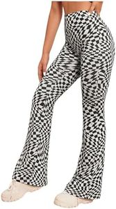 WDIRARA Women's High Waist Casual Flare Bell Bottom Stretch Snakeskin Long Pants Black White Checked S