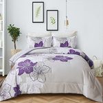 Menghomeus California King Comforter Set Purple Floral Pattern Printed on Grey Cal King Bedding Set Soft Microfiber Bed Comforter Set for All Season