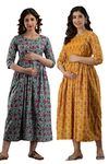 HRK VEMON Women's Pure Cotton Printed Maternity Gown Feeding Nighty A-line Feeding Dress Kurti Gown for Women Pack of 2 (Large, Multi-37)