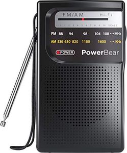 PowerBear Portable Radio | AM/FM, 2AA Battery Operated with Long Range Reception for Indoor, Outdoor & Emergency Use | Radio with Speaker & Headphone Jack (Black)