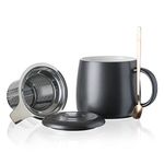 Henten Home Ceramics Tea Cup with Loose Leaf Infuser, Spoon and Lid, 450ml, Large Tea Infuser Mug for Tea, Coffee, Milk-Microwave and Dishwasher Safe(450ml,Matte Black)