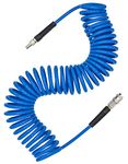 YOTOO Air Compressor Hose Polyurethane Recoil 10m Long 6mm ID x 9.5mm OD with Bend Restrictor, 1/4" Europe Quick Coupler and Plug, Blue