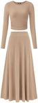 BTFBM Two Piece Skirt Sets For Women 2024 Trendy Fall Outfits Ribbed Knit Long Sleeve Crop Top Flowy Maxi Skirt Set(Solid Khaki, X-Large)