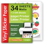 Premium Printable Vinyl Sticker Paper - 34 Sheets - A4 - Matte - Waterproof - Laser & Inkjet Printable Vinyl Sticker Paper - Printable Sticker Paper That Dries Quickly - Compatible with Cricut