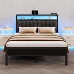 Furnulem Queen Size Bed Frame with Charging Station and LED Lights, Platform Bed with Metal Slats, Grey Upholstered Headboard with 2-Tier Storage Shelves, No Box Spring Needed