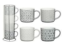 MND Dealings New Unique Jumbo Geo Embossed Stacking Ceramic Coffee Mugs with Holder 4pk Stackable for Easy Storage Patterns Tea Cup, Gift Microwave and Dishwasher Safe-Grey