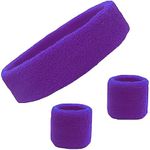 Sweatband Set Cotton Sports Headband Terry Cloth Wristband Moisture Wicking Sweat Absorbing Head Band Athletic Exercise Basketball Wrist Sweatbands and Headbands by Kenz Laurenz (Purple) Fits Most