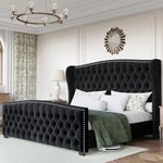 Jocisland Queen Platform Bed Frame with Wingback Headboard, Velvet Upholstered Bed Frame with Handmade Button Tufted & Nailhead, Wooden Slats Support, Black