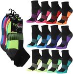 Tipi Toe Women's 12-Pairs Running & Athletic Sports Performance Midnight Black Rainbow Checks & Sole Ankle/Quarter Socks For Women, WQ17-T1