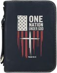 One Nation Under God Bible Cover – Vegan Leather Scripture Case with Cross & Flag – Zippered Journal Holder with Handle, Fits Large Bibles, Black
