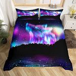 Northern Light Bedding Set Colorful Galaxy Wolf Duvet Cover For Kids Children Teens Starry Sky Aurora Comforter Cover Howling Wolf Wild Animal Bedspread Cover Bedroom Decor Quilt Cover 3Pcs Double