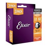 Elixir Strings, Acoustic Guitar Strings, 80/20 Bronze with NANOWEB Coating, Longest-Lasting Bright and Focused Tone with Comfortable Feel, 3 Pack, Light 12-53