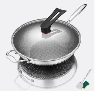 32cm Stainless Steel Frying Non-Stick Stir Fry Cooking Kitchen Wok Pan Double-Sided Honeycomb with Lid Spatula, Induction Compatible, Scratch Resistant, Dishwasher and Oven Safe