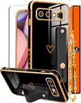 Likiyami (3in1) for Samsung Galaxy S10 Case Heart Women Girls Cute Girly Aesthetic Trendy Luxury Pretty with Loop Phone Cases Black and Gold Plating Love Hearts Cover+Screen+Chain for Galaxy S10 6.1"