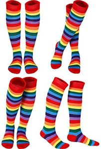 SATINIOR 4 Pair Rainbow Knee High Socks Striped Clown Long Socks Novelty Colorful Funny Stripe Stockings Tube Socks Costume Accessories for Women Girls Halloween, Rainbow Colors, One Size