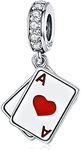 Qings Playing Card Charms for European Bracelets, 925 Sterling Silver Poker Ace of Hearts Spades Lucky Pendant Charm for DIY Bracelets and Necklaces Birthday Gifts for Women Girls, Sterling Silver, Cubic Zirconia