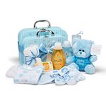 Newborn Baby Boy Hamper Gift - Hand Packed Set of Two Blue Suitcase Keepsake Boxes, Soft Plush Toy Bear, Brush, Sponge, Clothes and Essentials for New Mother Baby Showers