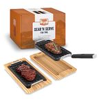 Yukon Glory BBQ Cast Iron Grill Pan Set Includes 2 Grill Pans - Wooden Serving Boards - Clip on Handle - The Sear 'N Serve Grill Basket Set, Perfect Grill Accessories For Steak, Seafood & Veggies