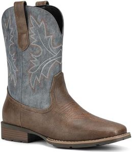 Lumeheel Cowboy Boots for Men - Western Square Toe Men's Boots with Classic Embroidered, Slip on Chunky Heel for Spring Fall, Blue & Brown Size 10.5