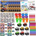 72Pcs Monster Truck Party Favors Truck Cars School Exchange Gifts Coloring Books Stacking Crayons Tattoo DIY Sticker Stampers Class Rewards Prizes Goodie Bag Fillers for Birthday Party Supplies