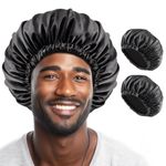 Lolalet 2 PCS Satin Bonnet Durag, Man’s Night Cap for Sleeping, Silk Hair Head Wrap for Curls Braids -Black