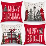 Christmas Decorations, Merry Christmas Throw Pillow Covers 18 x 18 Inches Set of 4 -Christmas Cushions Covers Neutral -Zippered Christmas Pillow Covers (Red Christmas Tree & Gifts)