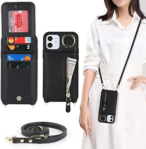 Cavor Vertical Flip Cover for iPhone 12 Leather Case iPhone 12 Pro Case 6.1'' Crossbody Wallet Card Slots with 360°Rotation Ring Holder Kickstand & Long Shoulder Lanyard Strap-Black