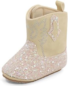 ESTAMICO Baby Girls Embroidery Western Cowgirl Boots Infant Sequin Leather Cowboy Booties Round Toe Ankle High Hook and Loop Shoes, Beige 3-6 Months
