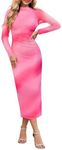 MEROKEETY Women's 2024 Long Sleeve Tie Dye Dress Bodycon Mock Neck Mesh Ruched Cocktail Maxi Dresses, Pink, M