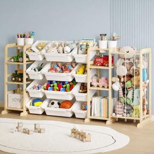 Toy Storage Organizer 3-in-1 Bookshelf with Stuffed Animal Storage and 12 Plastic Bins - Toys Organizer for Kids Room - Wooden Toy Rack for Playroom, Bedroom, Nursery Decor