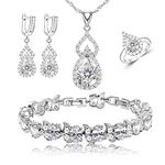 LMXXVJ Women Wedding Jewelry Set White Cubic Zirconia Necklace Open Ring Earrings Bracelet Set Bridal Anniversary Festival Jewelry for Wife/Lover Gift