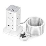 Tower Extension Lead 5M with 3 USB Slots, TESSAN 5M Extension Cable 8 Way Multi Socket Plug Extension Tower, Surge Protected Extension Cord with Switch, Plug Tower Power Strip for Home, Office