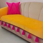 Ocher Sofa Cover Pink Tassels:L-Shape Corner: Seven Seater, Antislip, Fabric-Stylish Home Decor:Fits 3+3 Seater+Corner Sofa, Coverage: Seat & Front Back -Set of 2 Seat Covers & 2 Back Covers
