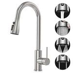 Kitchen Sink Mixer Tap with Pull Out Spray - SREWOHS PRO Kitchen Taps 1 Hole 360° Swivel Single Handle High Arc Stainless Steel Kitchen Faucet,Bar Sink Tap with 4 Functions Sprayer,Brushed Nickel