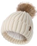 FURTALK Kids Winter Knitted Pom Beanie Bobble Hat Cotton Lined Faux Fur Ball Pom Pom Cap Unisex Kids Beanie Hat Beige