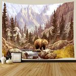 JAWO Brown Bear Tapestry Wall Hanging, Wild Animals Brown Bears in Mountain Pine Forest River Oil Painting Wall Tapestry Home Decoration Wall Decor Art Tapestries for Bedroom Living Room College Dorm