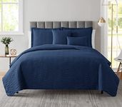 Clara Clark Pinsonic Weave Lightweight Quilted Comforter Bedding Set, Microfiber, Ellipse-Navy, Queen