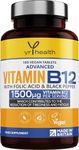 Vegan Vitamin B12 Tablets 1500mcg Methylcobalamin High Strength with Added Folic Acid & Black Pepper - 180 Tablets (6 Month Supply) - Reduction of Tiredness & Fatigue - Made in The UK by YrHealth