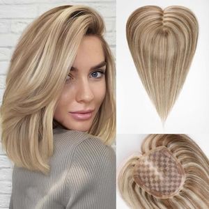 Starluck Women's 14" Hair Topper - No Bangs, 5"x5.5" Mono Base, Handcrafted Medium Brown & Dark Blonde, Covers Thinning Hair & Grey