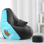 ComfyBean Faux Leather Bag With Beans Filled 4Xl Bean Bag With Free Cushion And Footrest - Official : Printmarvel Combo (Matching Color : Printed, Bearly Awake - Lt. Blue & Black)