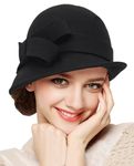 Womens 1920s Wool-Cloche-Church-Hat Gatsby Winter-Felt-Bucket-Hat Vintage-Bowler-Hat with Bow(M/L) Black