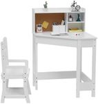 Kids Desk and Chair Set, Wooden Corner Study Table with Bookshelf, Bulletin Board, and Pen Holder, Writing Table for Boys and Girls, White