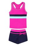 KumSoomliy Swimming Costume Girls Swimsuits Two Piece Tankini Set Boyshort Swimwear Bathing Suits Kids Racer Back Tops Swim Shorts Summer Holiday Beach Water Sport Age 14-15 Years,Hot Pink